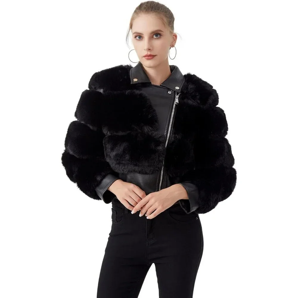 Women's Moto Style Cropped Faux Fur Leather Belted Biker Coat Zip Up Coffee - Picture 4 of 9